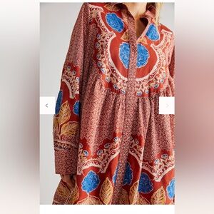 Free People Rust Floral Long-Sleeve Maxi Dress with Blue and Yellow Accents